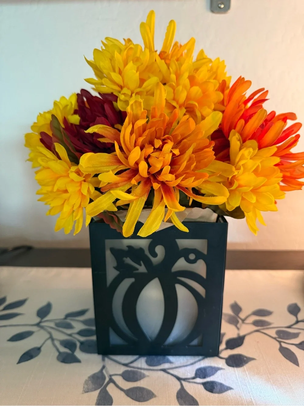 Autumn Cottagecore Artificial Floral Arrangement in Frosted Glass and Metal Box